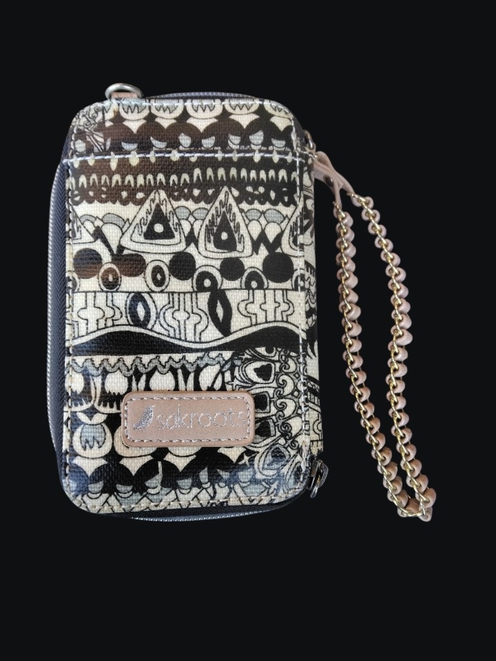 Sakroots Black & Cream Patterned Wristlet Phone Pouch with Chain Strap